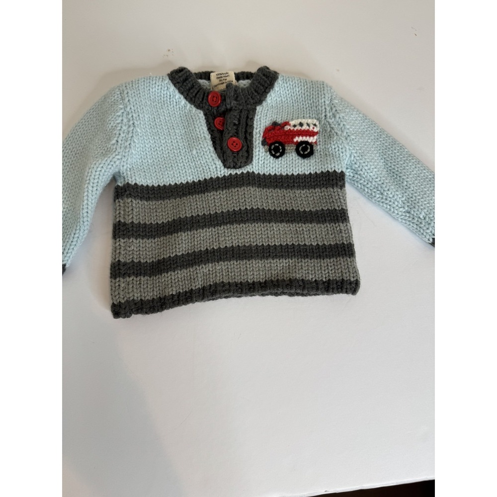 Huggalugs Baby Sweater 0-6 Months Blue Gray Knit Red Fire Truck Car Long Sleeve